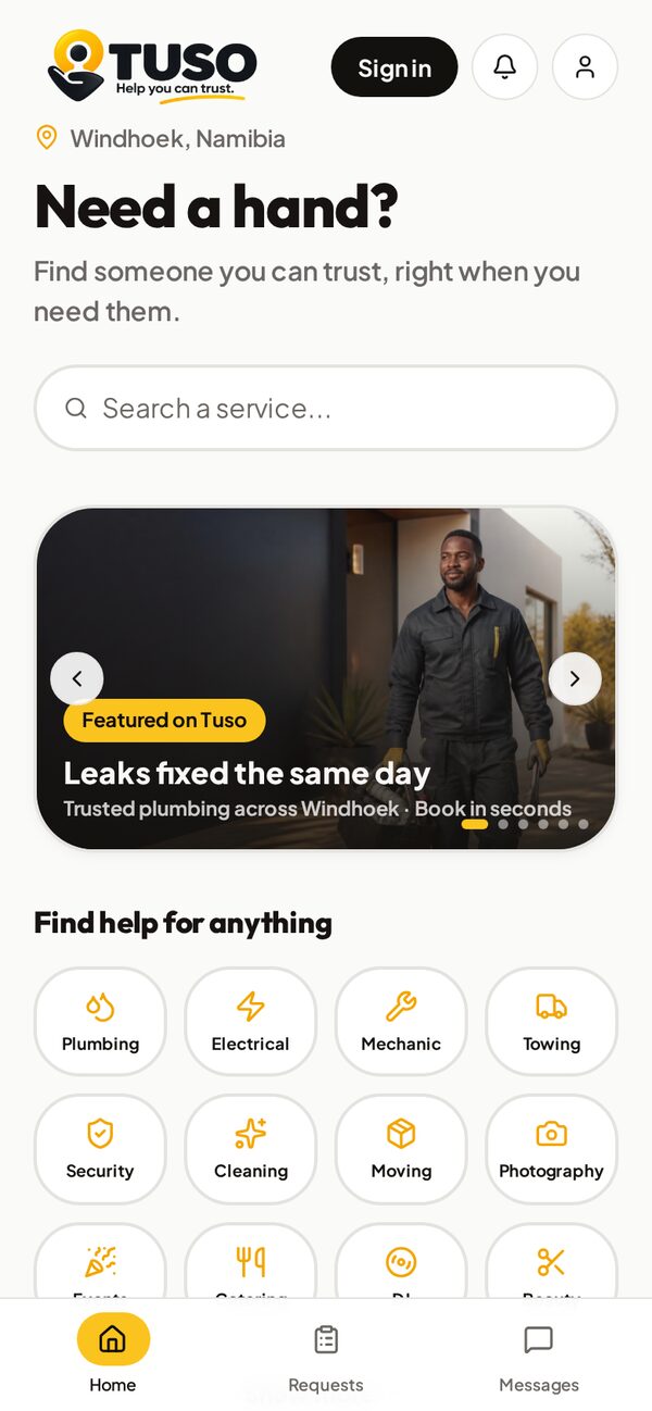 TUSO app home screen with service search