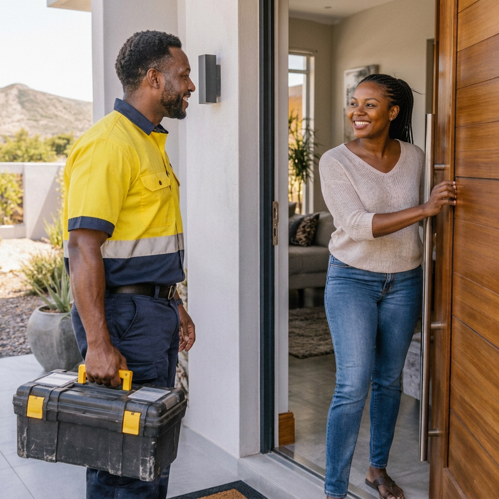 A service provider arriving with a toolbox to help a customer at her front door