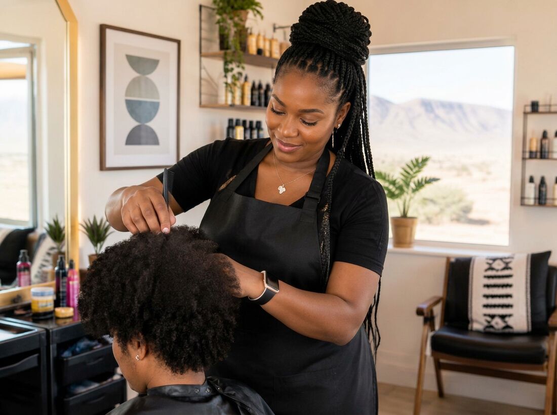 A Namibian hairdresser styling a client's hair