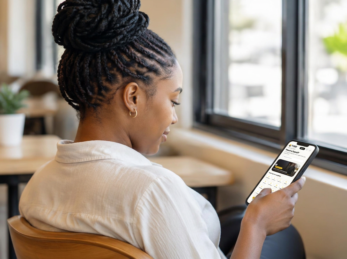 A young Namibian woman browsing services in the TUSO app on her smartphone