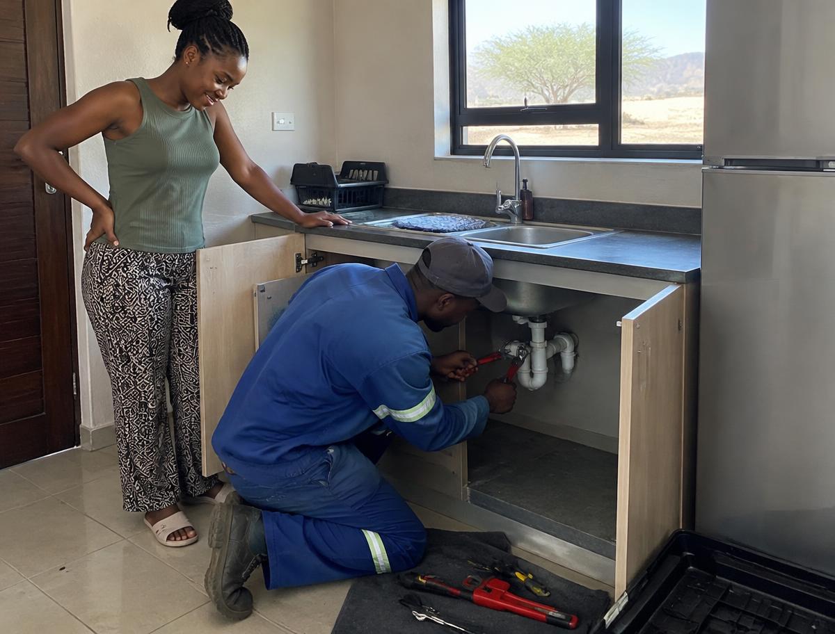 A plumber repairing a kitchen sink while the customer looks on